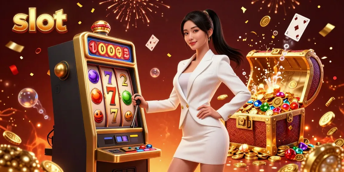 Engage with thrilling slot action featuring a stunning woman elegantly holding a lever amidst vibrant casino visuals.