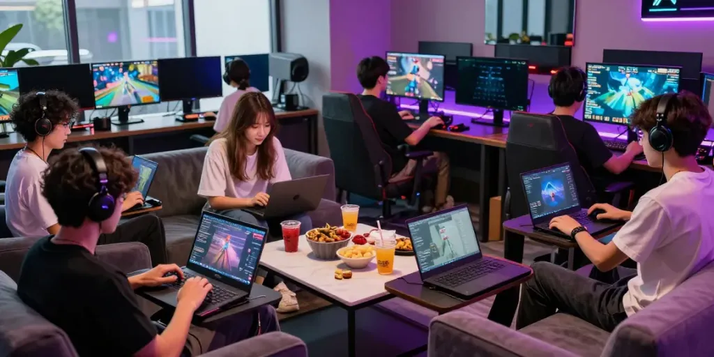 A80 gaming platform scene with diverse players enjoying online games in a vibrant lounge environment