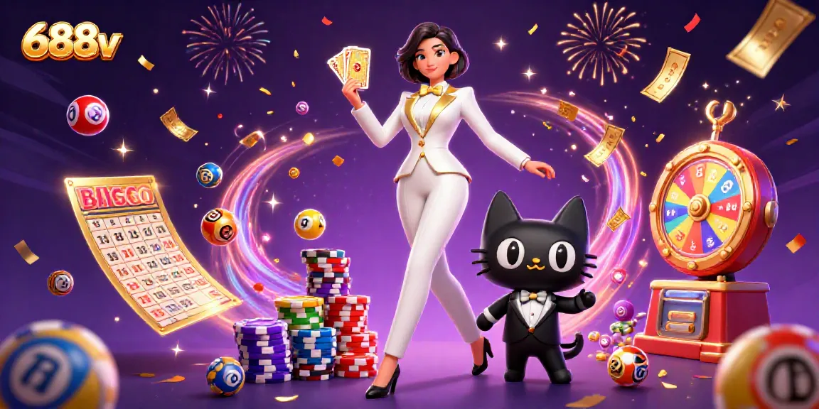 Experience winning at 688v with a glamorous casino scene featuring cards and lottery elements.