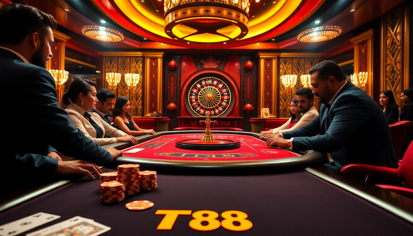Experience the thrill of TT88 poker with vibrant chips and stylish players in a luxurious casino.