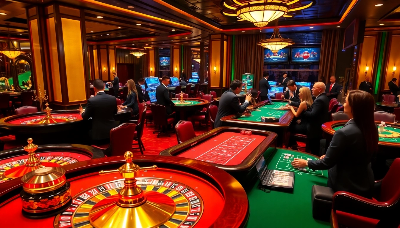 Hitclub gamblers strategizing at poker tables, showcasing excitement and professionalism in a luxurious casino environment.