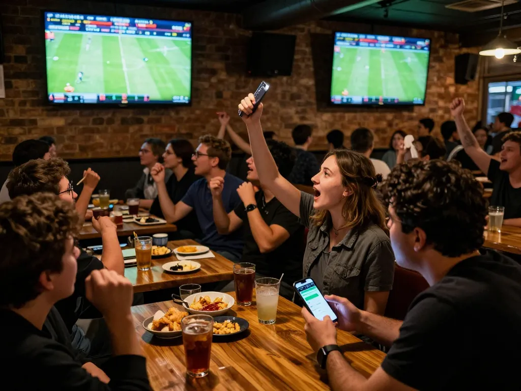 Kèo nhà cái displayed on a smartphone in a vibrant sports bar, showcasing live betting action during an intense football match.