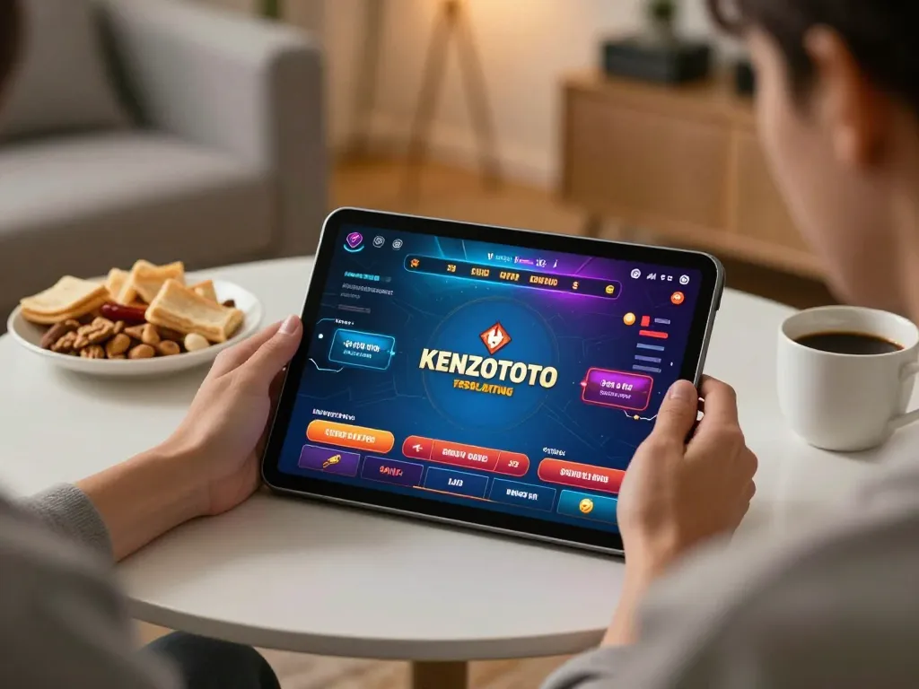 Terlibat dalam taruhan online dengan KENZOTOTO di tablet, suasana rumah yang nyaman.