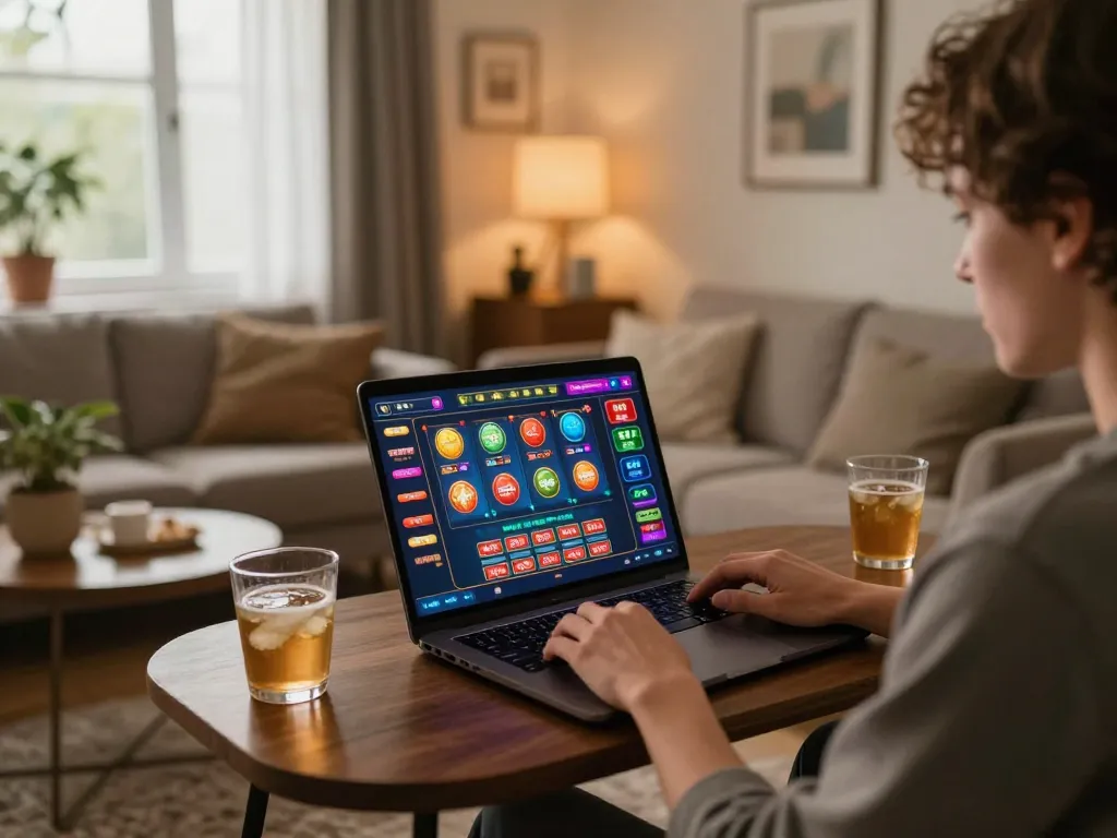 Player engaging in dynamic online casino gameplay on okfun platform in comfortable home setting