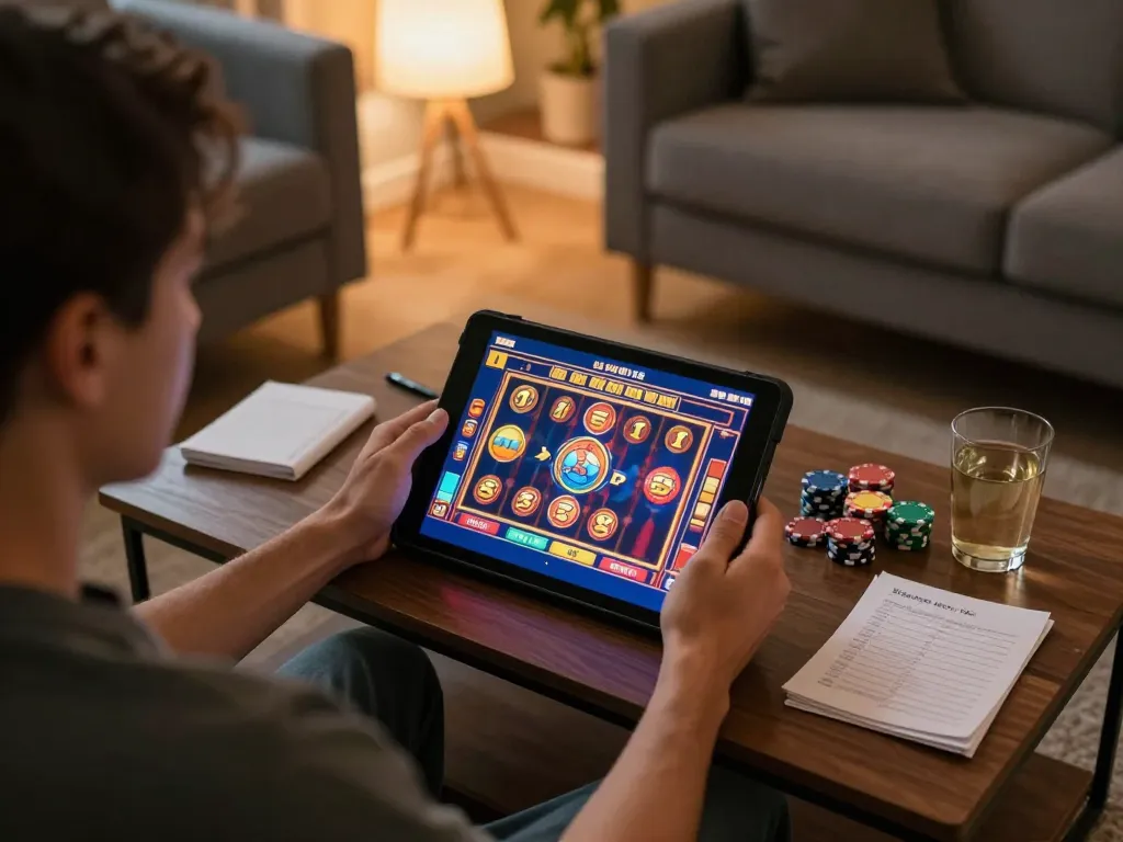 Player enjoying thrilling slot games at home with SC88 casino app, showcasing colorful graphics and cozy ambiance.