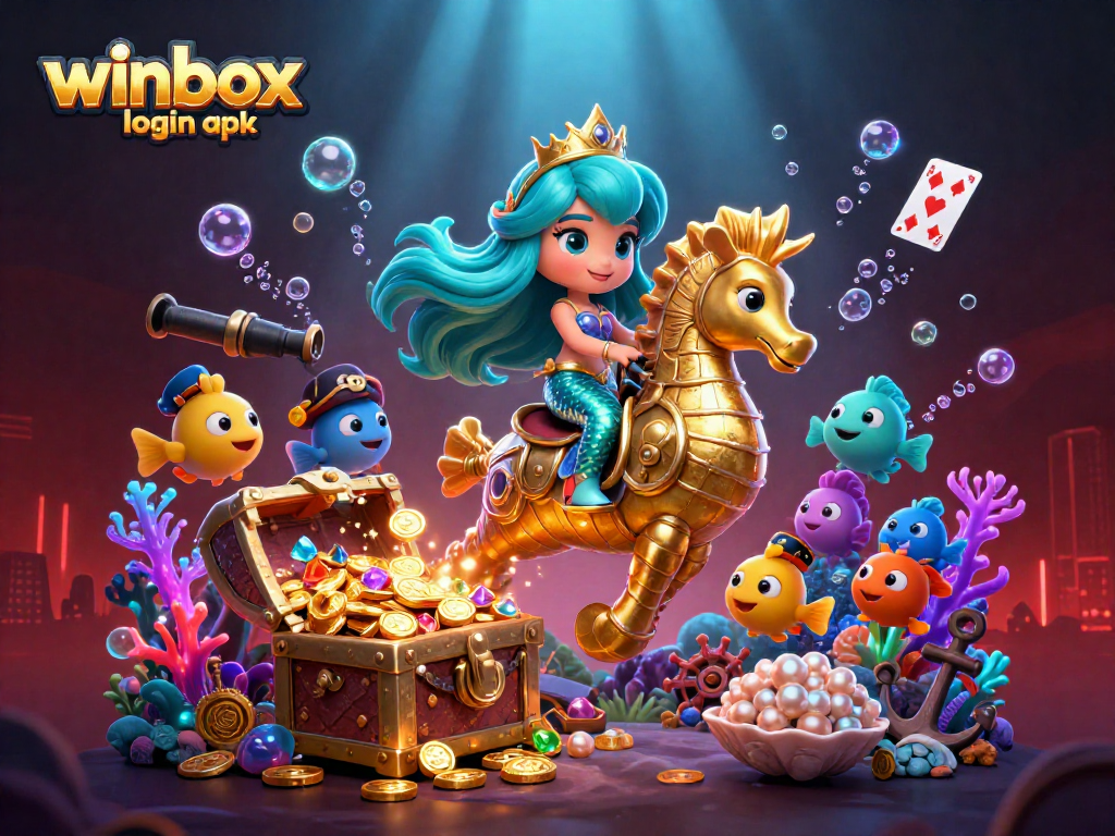 Winbox login apk showcases vibrant mermaid princess and giant seahorse amidst colorful fish and treasure