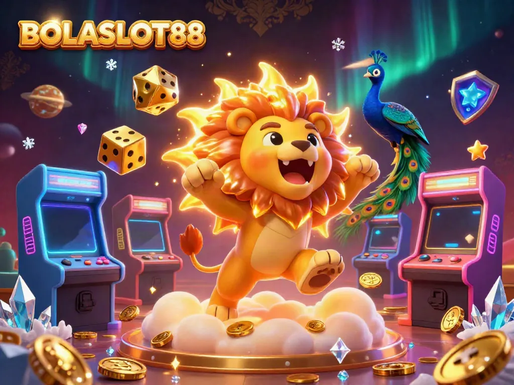 BOLASLOT88 features a roaring sun lion with golden dice and vibrant arcade games, creating a dynamic casino atmosphere.