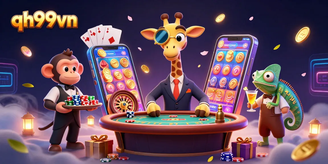 Engage in thrilling games at qh99vn, featuring unique characters enjoying a vibrant casino atmosphere.