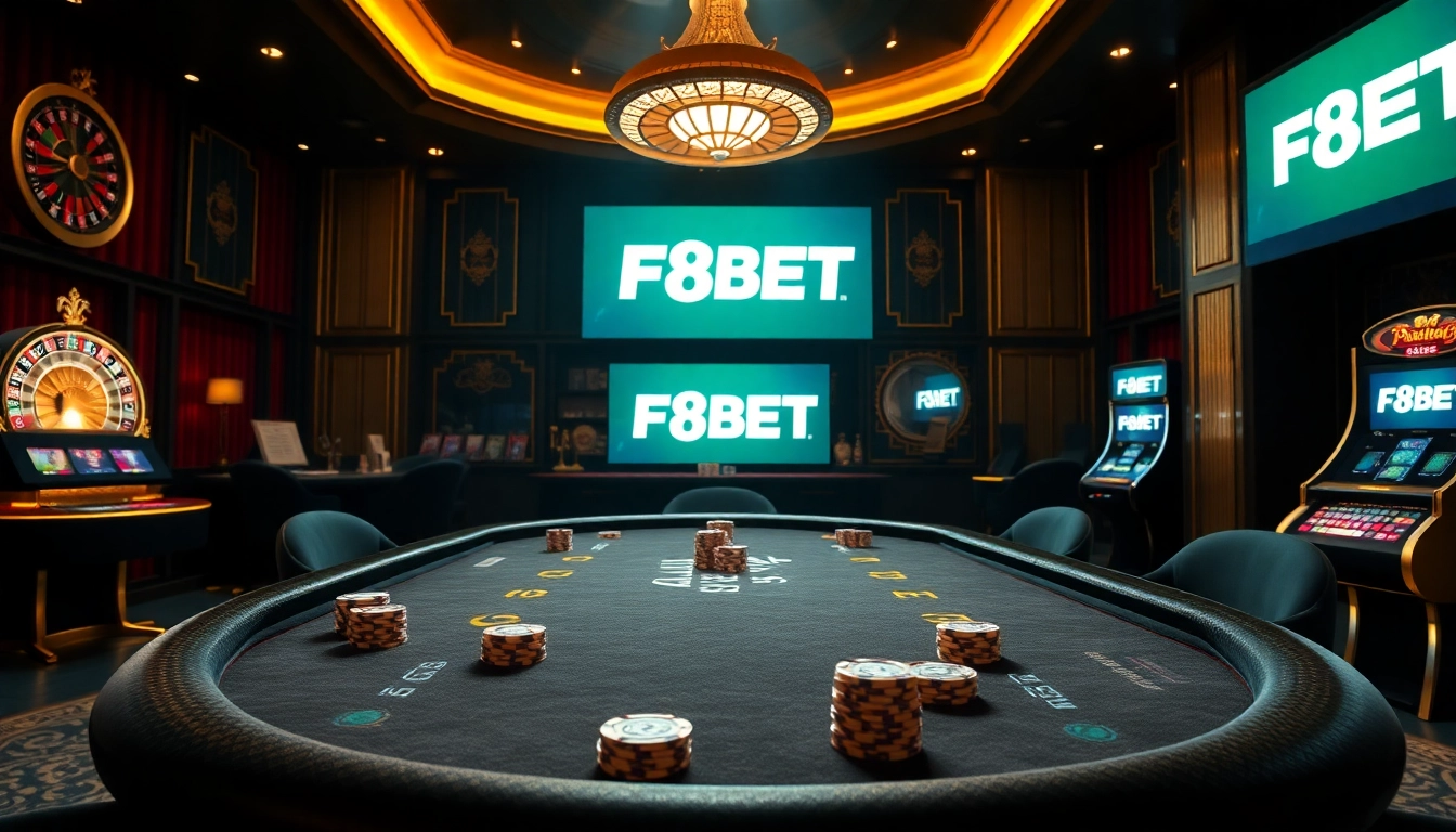 Engaging poker scene showcasing F8BET.com with chips and cards under a vibrant spotlight.