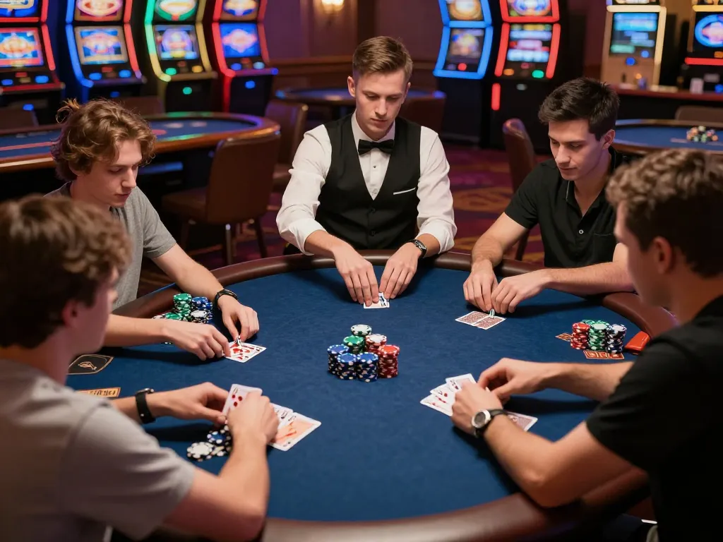Players at nhà cái bl555 poker table strategizing with chips during an intense game.