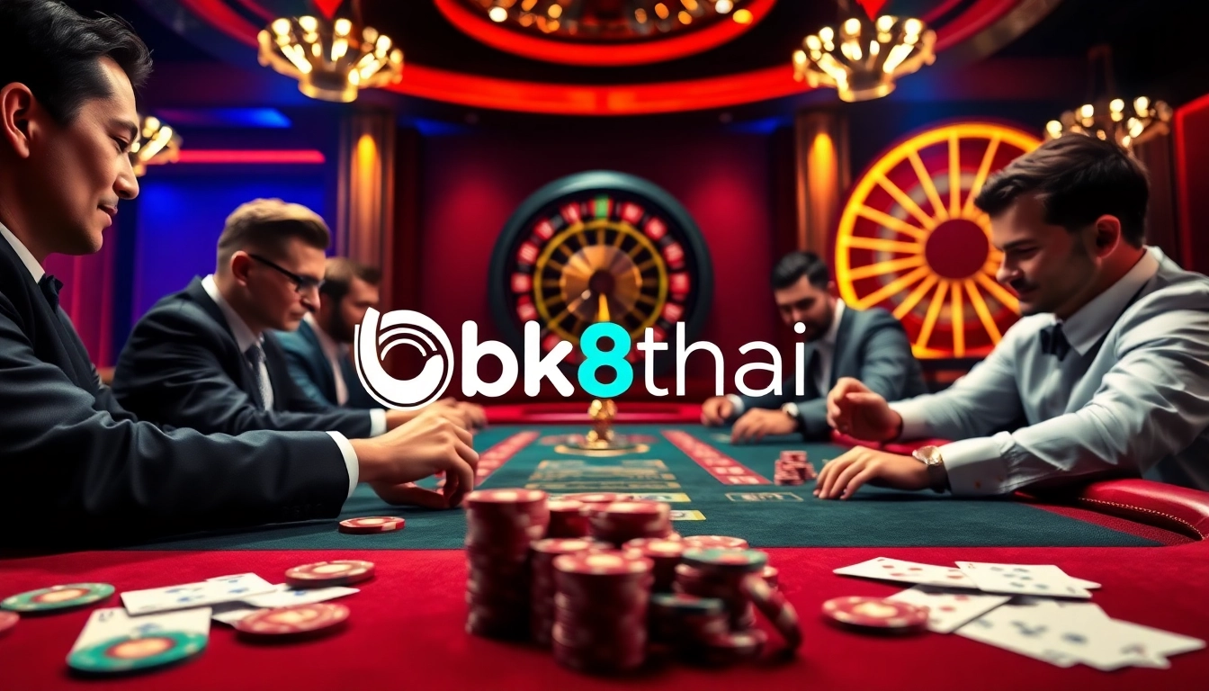 Players enjoying a high-stakes poker game at BK8Thai casino, showcasing chips and cards.