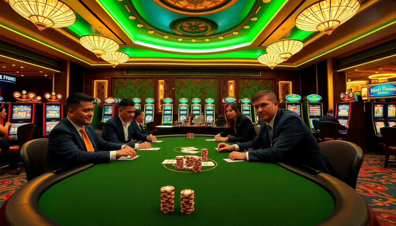 Go 8 players strategizing at a luxurious casino table with vibrant slot machines in view.