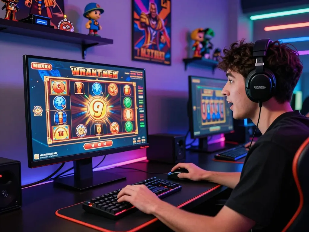 Pemain antusias terlibat dalam permainan slot online di monitor resolusi tinggi dalam pengaturan permainan yang hidup.