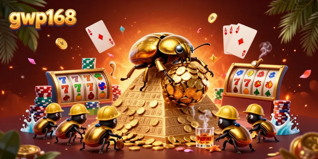 Menggulung koin emas di GWP168 dengan simbol kasino dan permainan slot yang menarik.