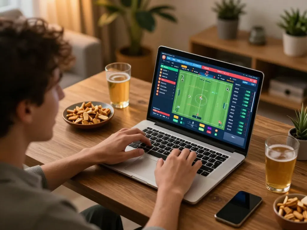 Soi kèo action with a person engaged in live sports betting on a laptop in a cozy home setting