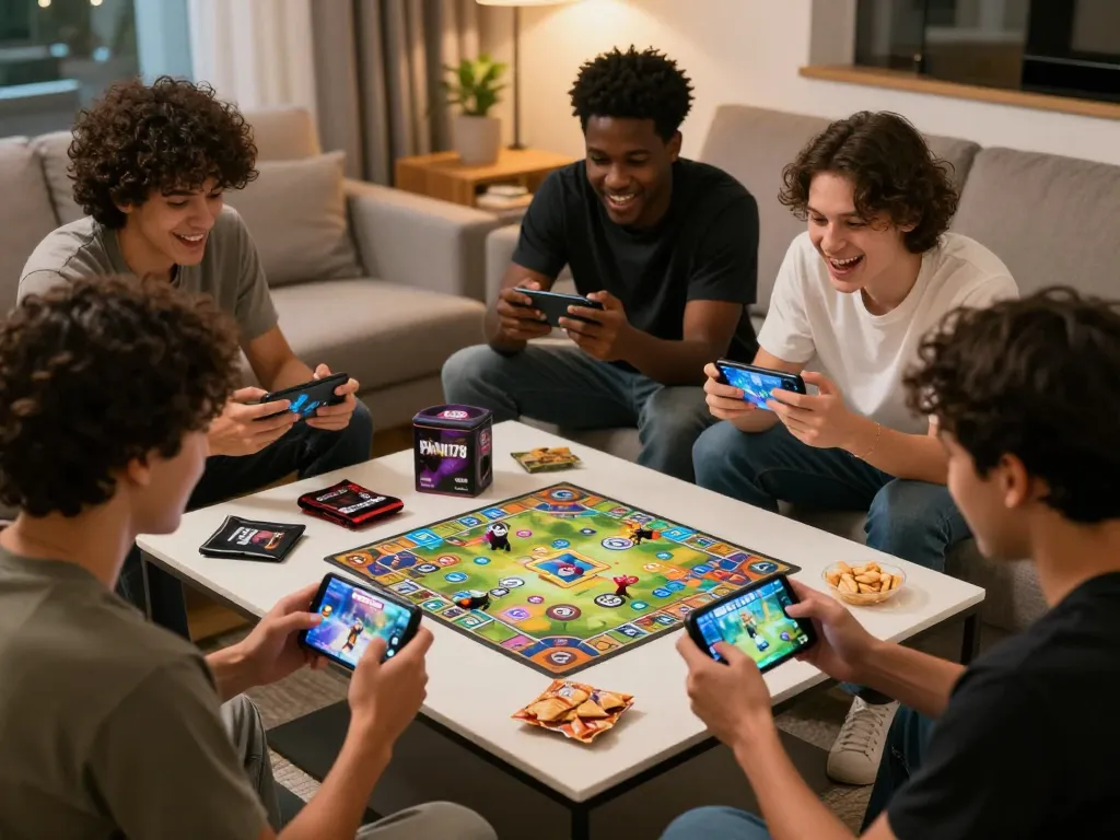 Group of friends enjoying Panen178 mobile game on smartphones at https://www.achildsdreamnursery.com/ with snacks in cozy living room.