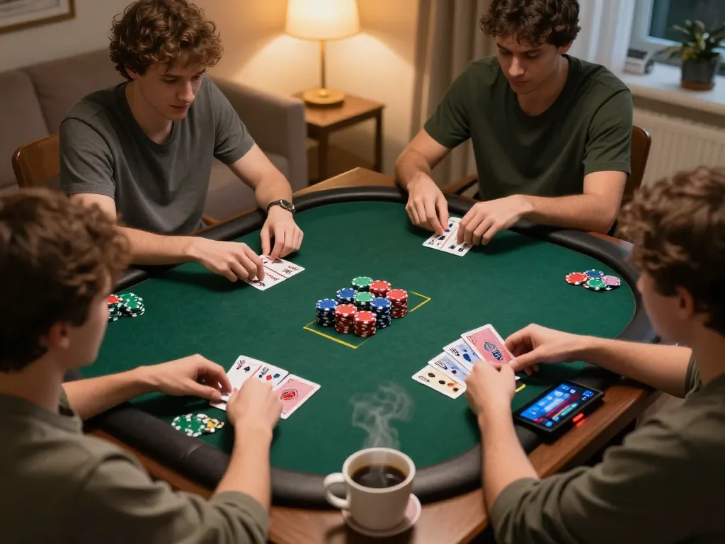 Engaged player enjoying non gamstop online poker at home, chips and cards visible.