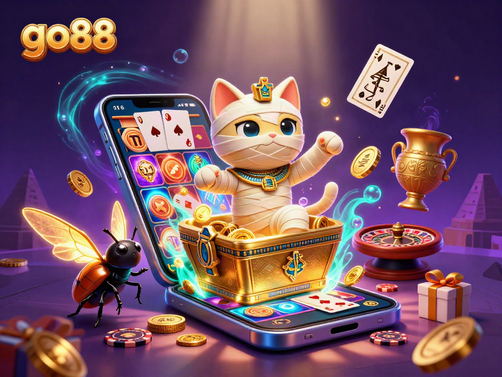 Experience gaming excitement with go88 in this vibrant casino-themed illustration