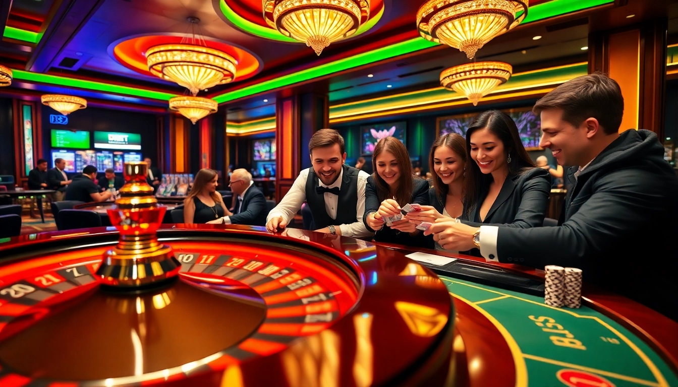 KUBET casino players excitedly betting at a luxury poker table with vibrant decor.