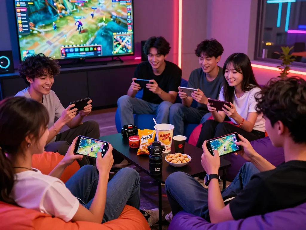 Exciting group gaming scene showcasing mobile porn games in a vibrant lounge.