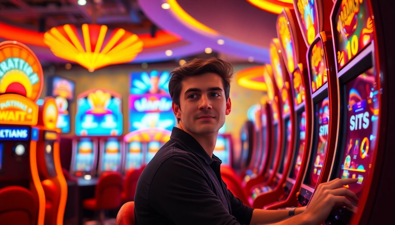 Engaging player enjoying slots at Nova88 casino, surrounded by vibrant lights and machines.
