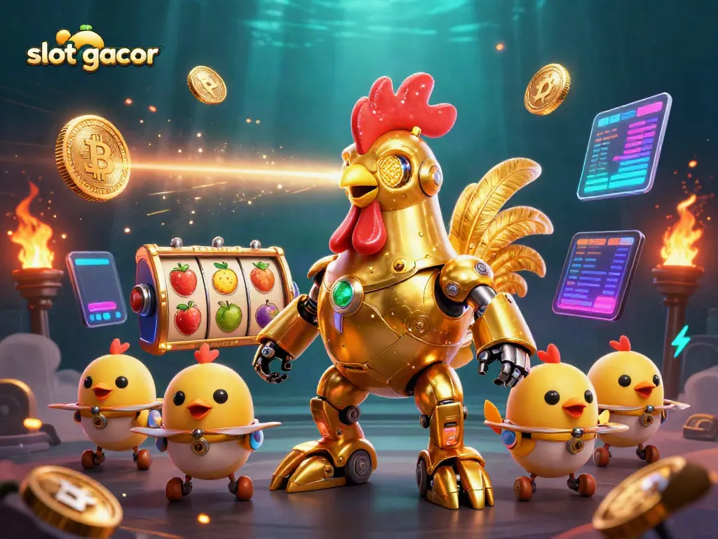 Slot gacor menunjukkan robot ayam emas futuristik dengan simbol slot dan koin cryptocurrency yang bersinar.