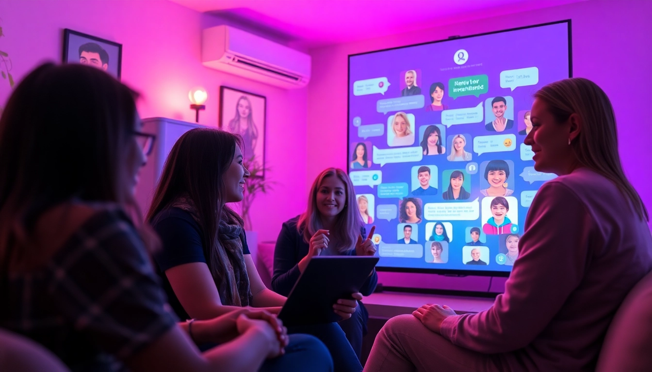 Engaging scene of free ai sex chat in a vibrant, cozy virtual chat room.