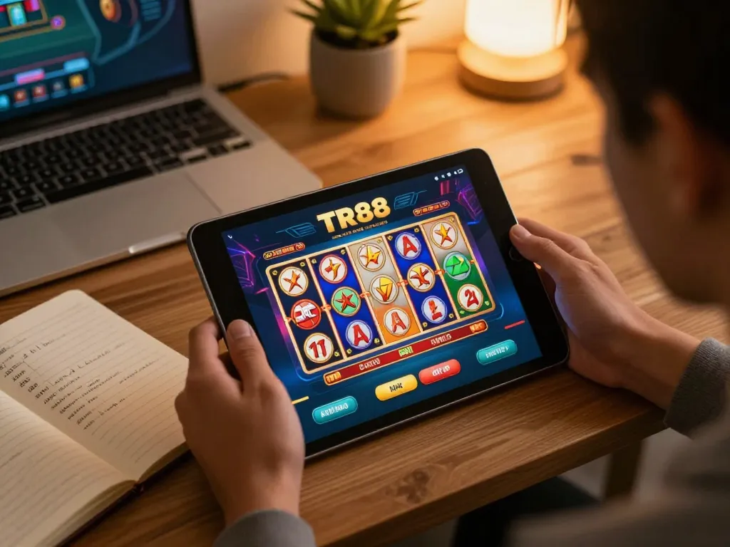 Engaging scene of TR88 đăng nhập on a tablet displaying casino games, promoting responsible mobile gambling.