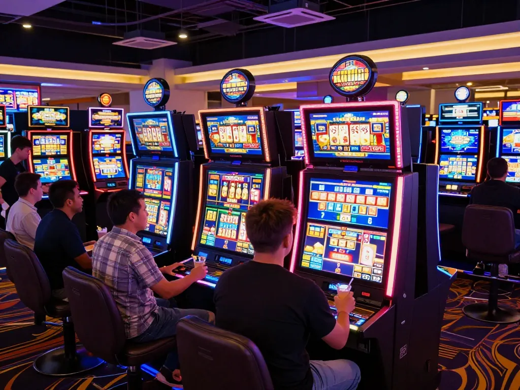 Pemain merayakan kemenangan di mesin slot berwarna-warni dalam suasana kasino yang hidup