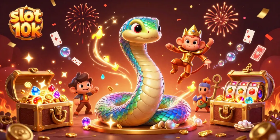 Spin for wins at slot 10k with colorful treasure and vibrant gaming elements in this illustration.