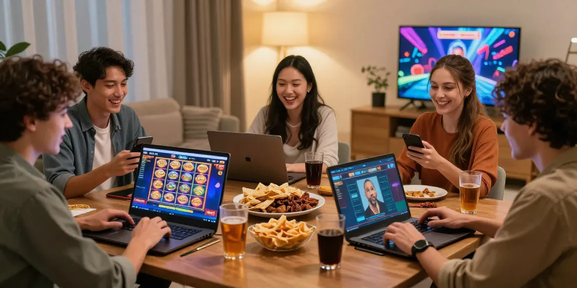 Exciting gaming scene featuring new online casinos, friends engaging with colorful graphics and lively atmosphere.