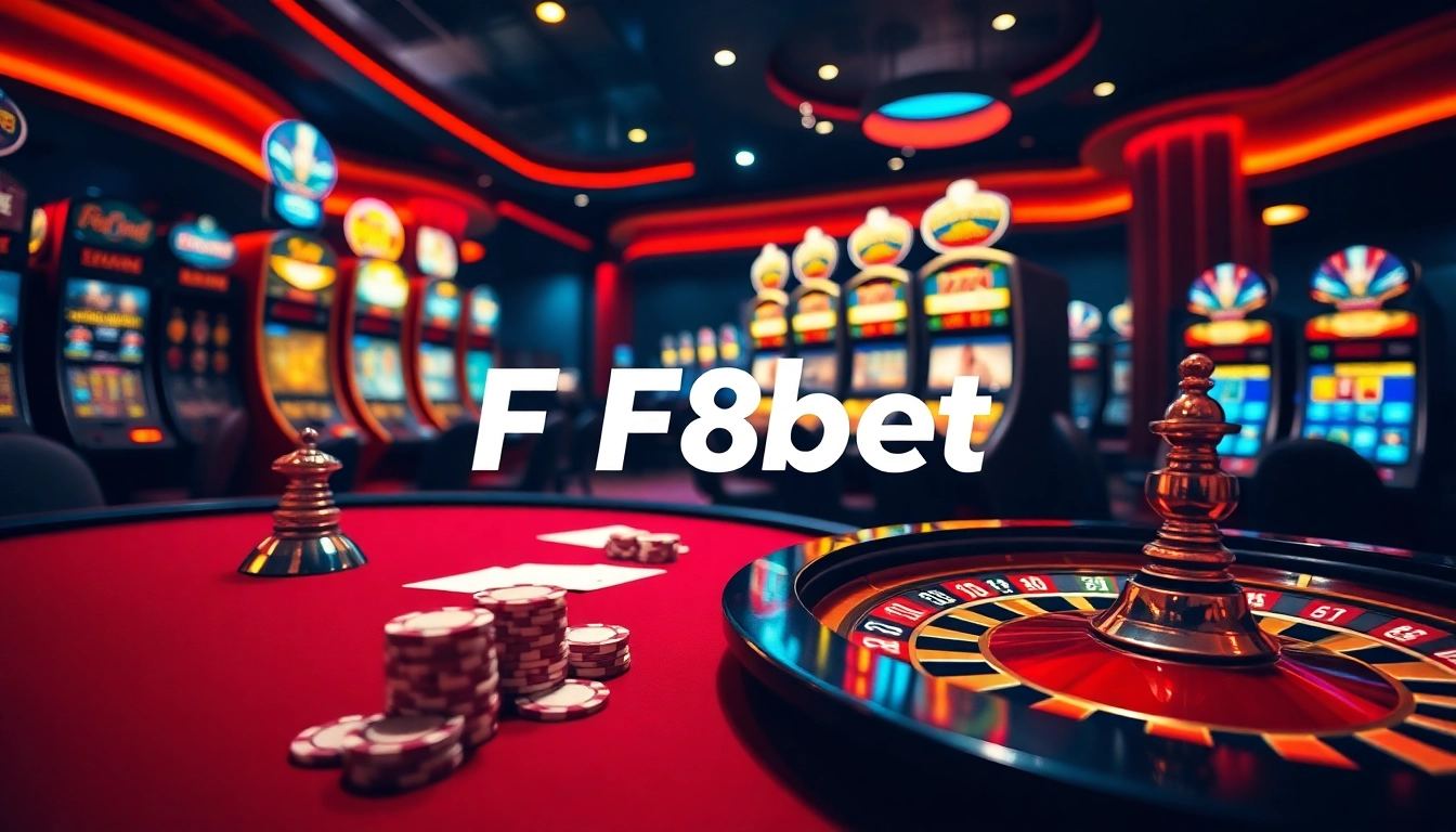 Experience thrilling casino action with F8bet's vibrant gaming atmosphere featuring poker chips and roulette.