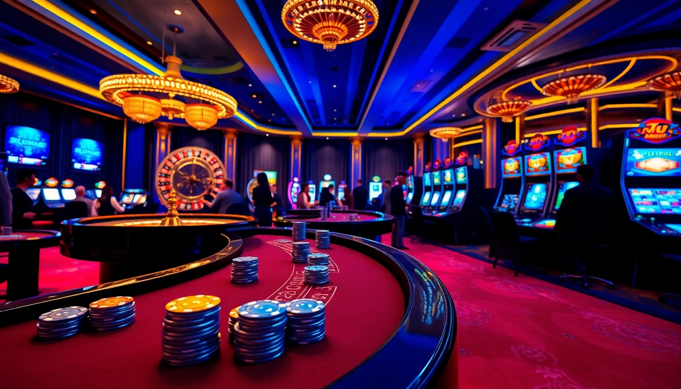 Experience the excitement of J8 casino games with vibrant tables, roulette, and lively players.