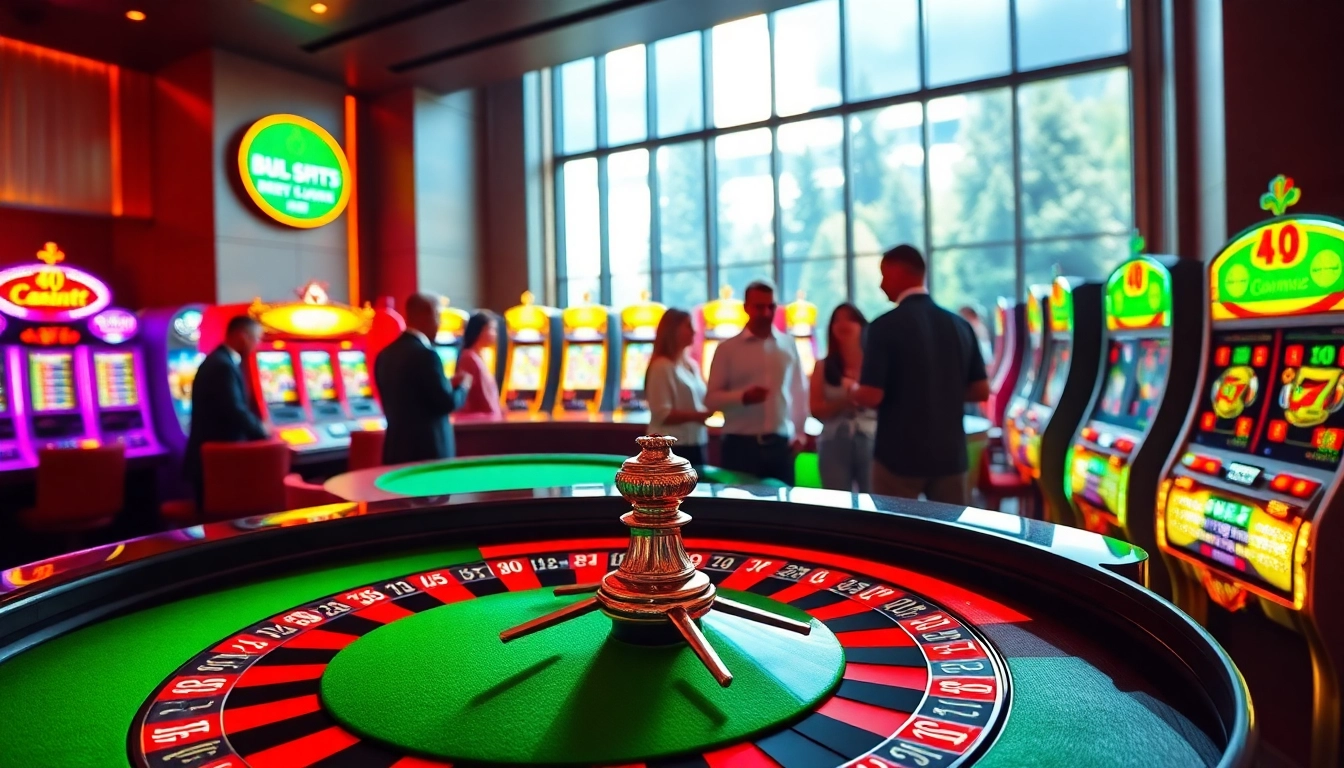 Casual players enjoying a game of Casino roulette surrounded by vibrant slot machines.