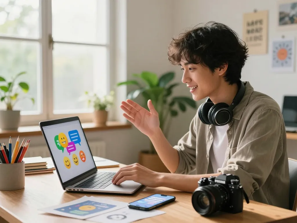 Engaging 18+ AI chat experience in a cozy home office.