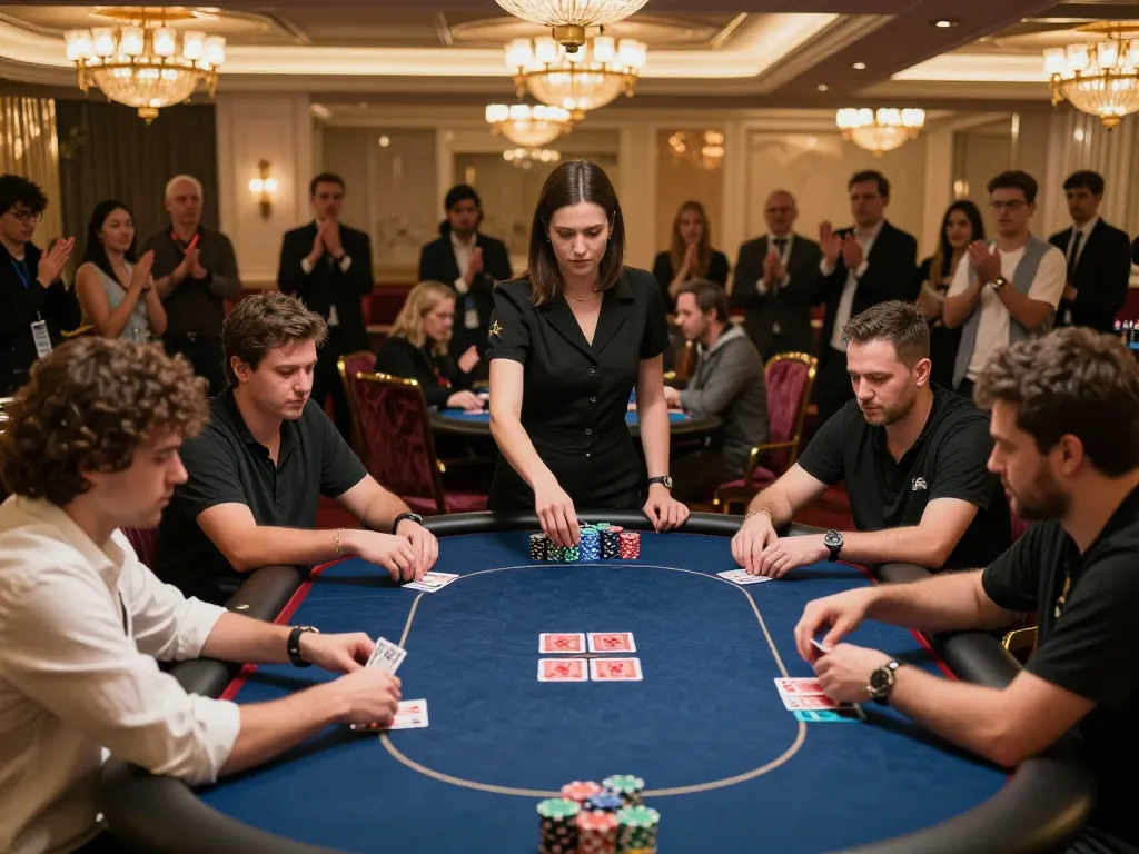 Engaged players strategizing their next moves at the Sun win poker tournament in an upscale casino