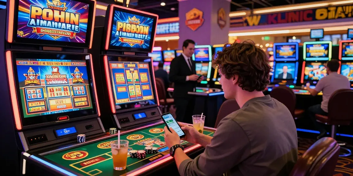Exciting scene at non UKGC casinos with a player engaging in vibrant slot games surrounded by colorful machines and dealer.