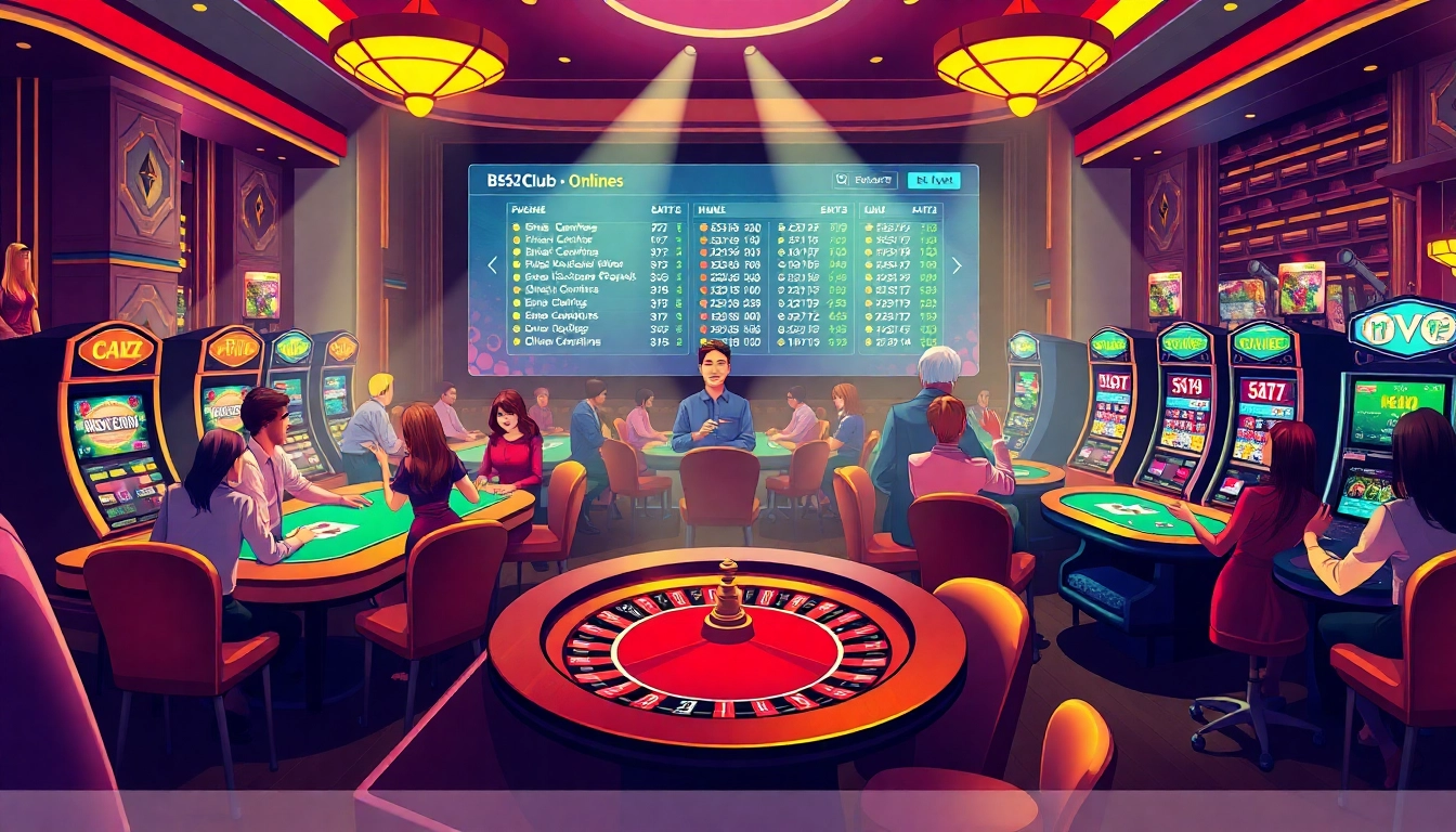 B52 club chính chủ scene showcasing gamers at poker and roulette tables, highlighting the thrill of online gambling.