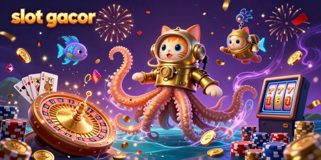 Permainan slot gacor yang memukau dengan karakter kraken dan kucing menyelam, dikelilingi koin emas.