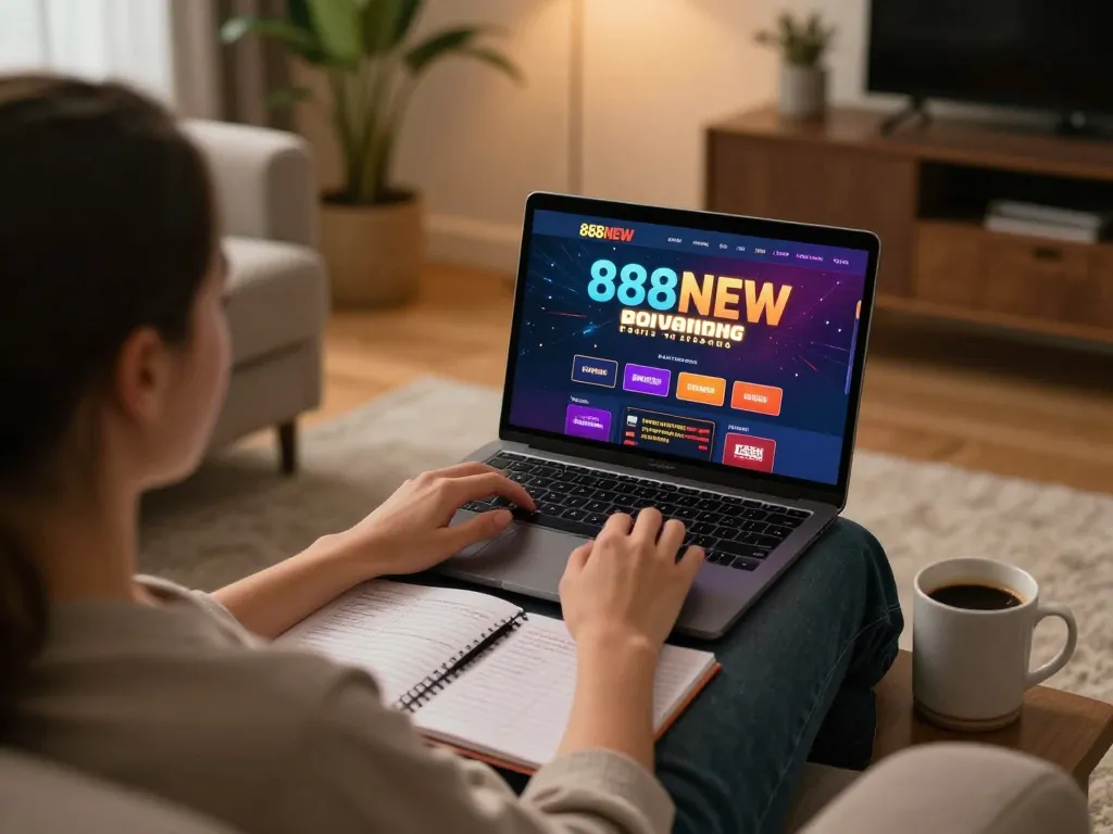 Enjoying online casino gaming on 888NEW's platform in a cozy living room setup