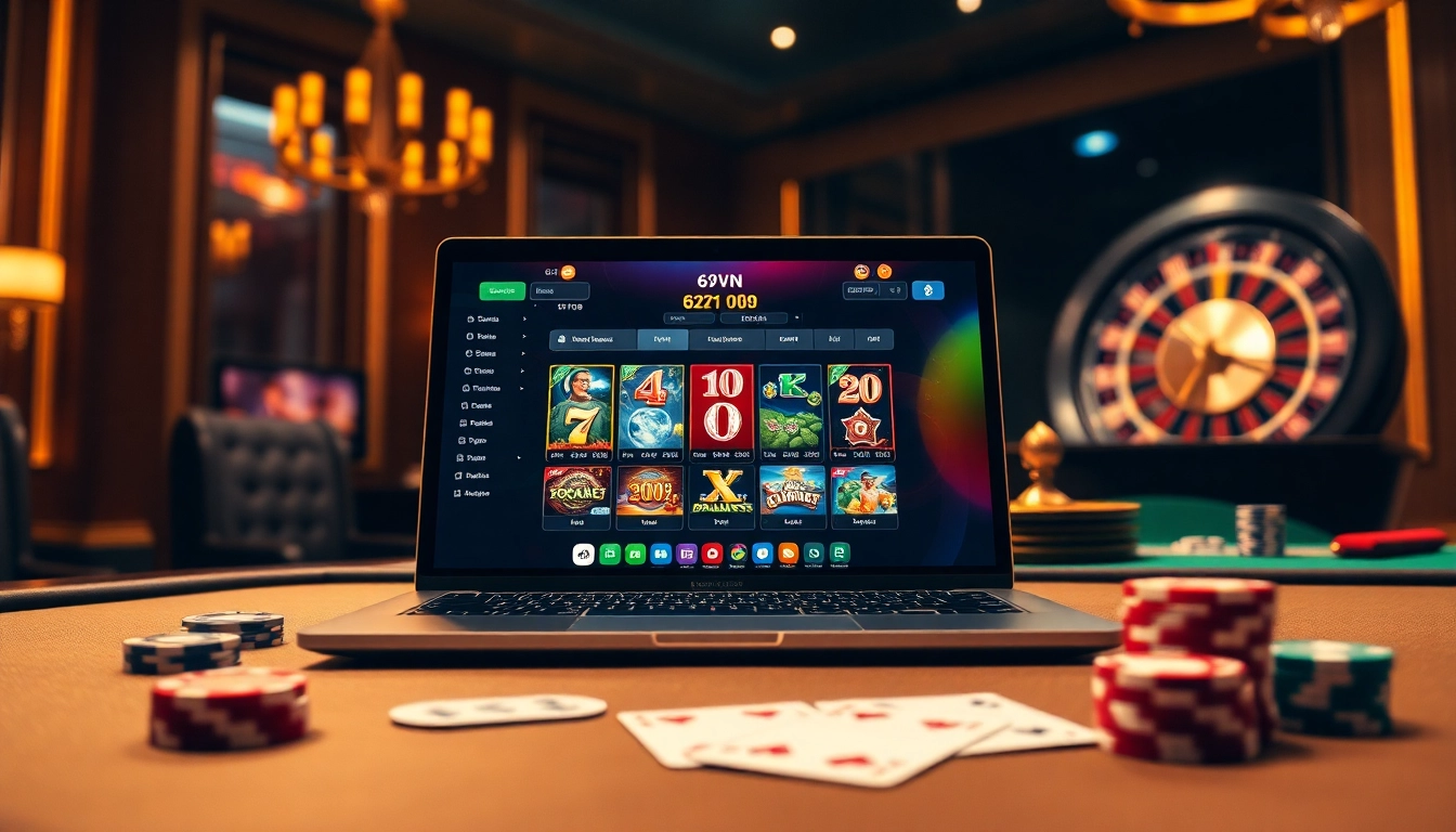 Engaging scene showcasing 69VN online casino experience with vibrant slot games and poker chips.