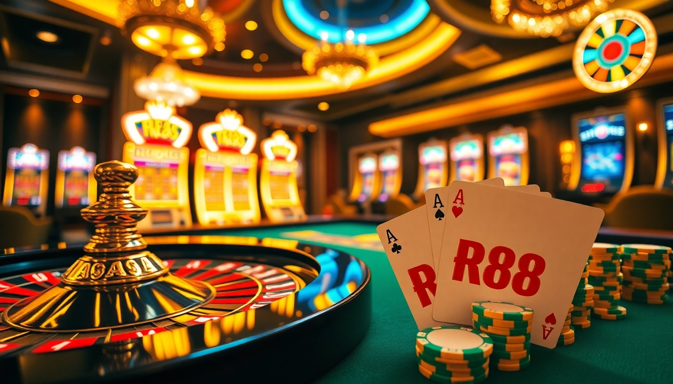 Experience the thrill of RR88 with poker chips and a vibrant casino atmosphere.
