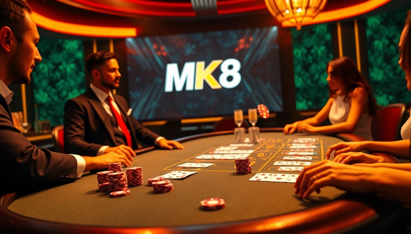 High-stakes players engaging at the MK8 casino table, surrounded by vibrant poker chips and cards.
