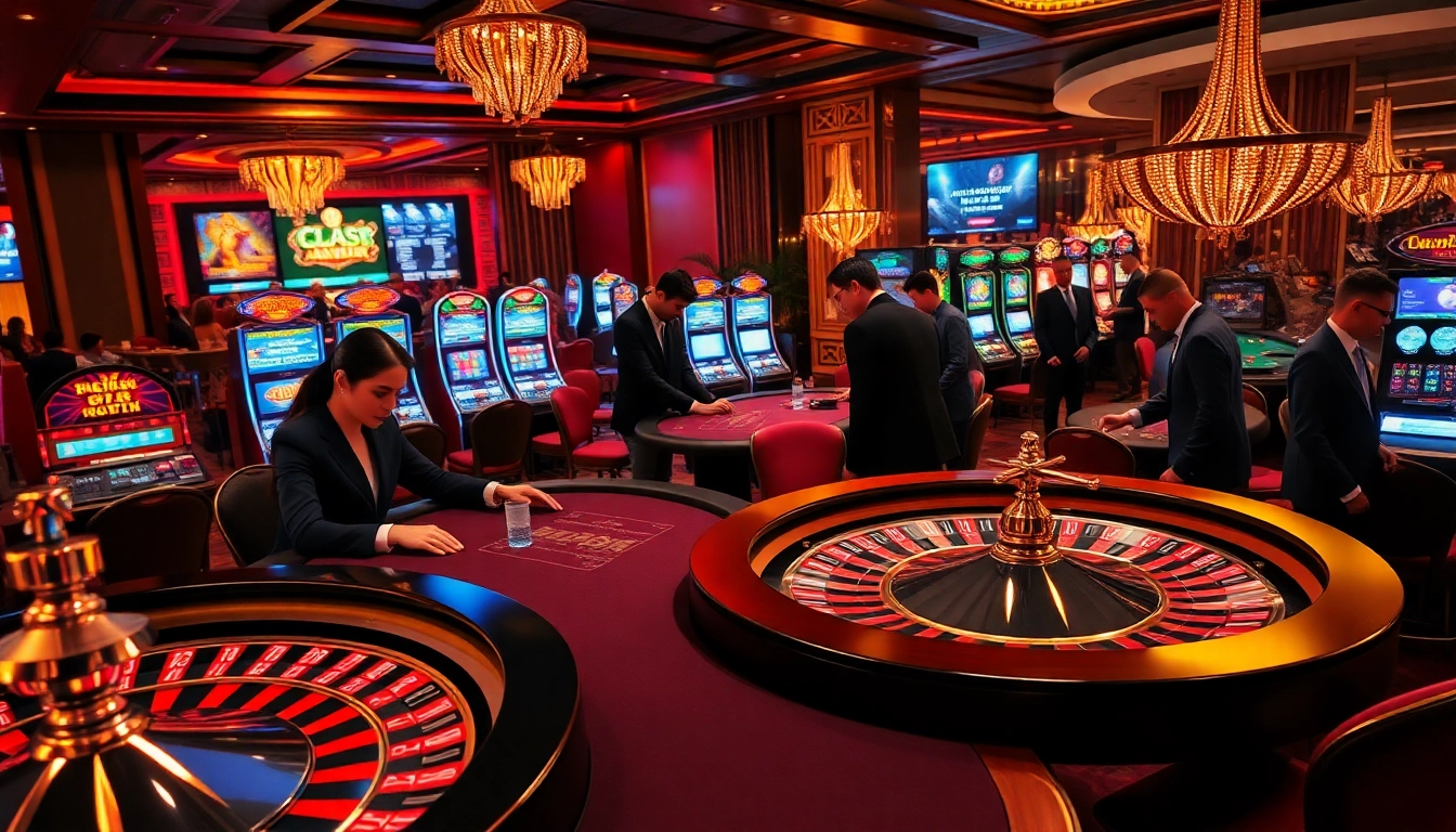 Experience thrilling gambling at https://lc88x.com/ with elegant casino tables, poker players, and vibrant slot machines.