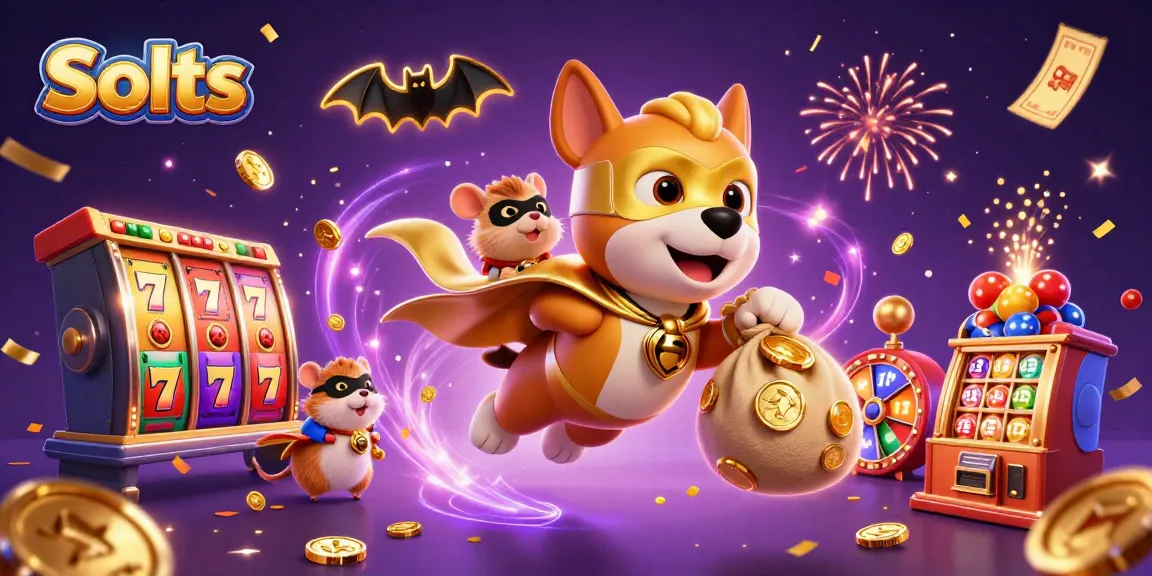 Slots superhero dog flying with gold coins and colorful slot games in a vibrant casino scene.