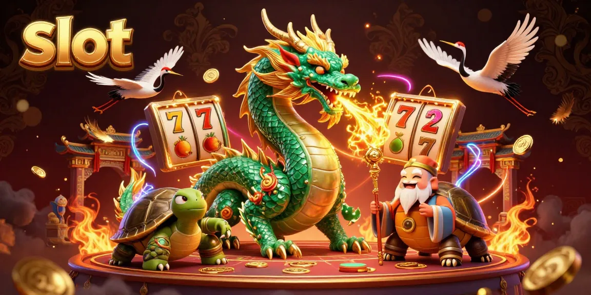 Experience thrilling slot gameplay with dragon and cartoon sage in a vibrant casino scene.