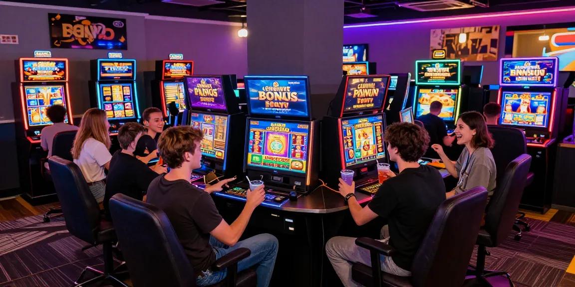 Engaging scene showcasing friends enjoying bonus buy slots at Crown Northhill with vibrant slot game screens and lively atmosphere