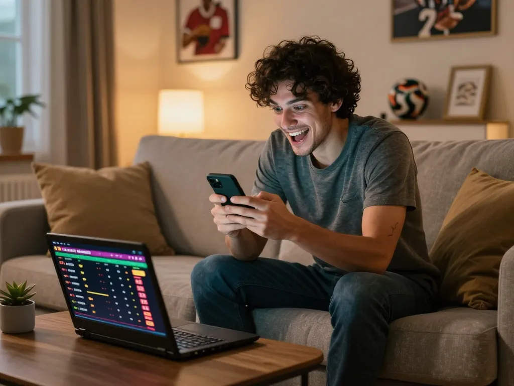 Engaging in cm 88 sports betting on a smartphone while relaxing at home, creating a strategic gaming atmosphere