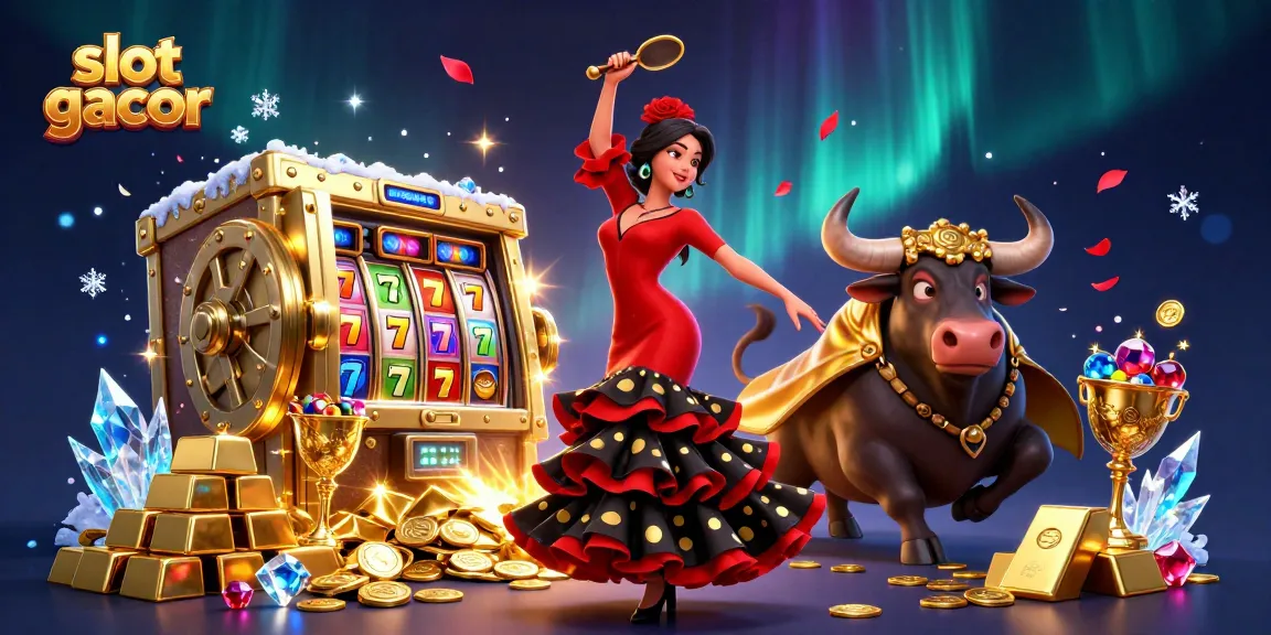 Engage with slot gacor strategies amidst a vibrant casino scene, featuring dynamic characters and jackpots.