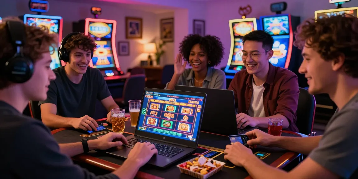 Exciting gaming scene showcasing credit card casinos at https://being-there.org.uk with friends enjoying slots and vibrant visuals.